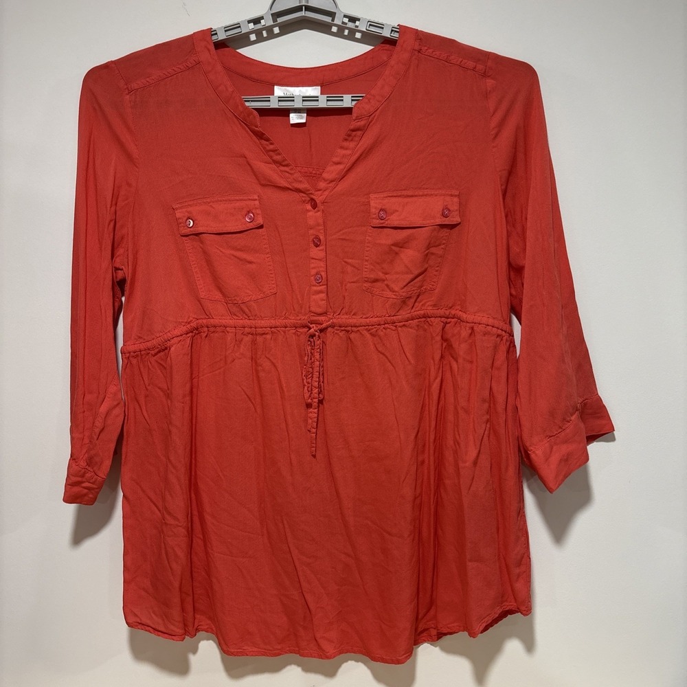 Motherhood Maternity Cinched Empire Waist Blouse Coral Red Pockets Womens Sz‎ 1X